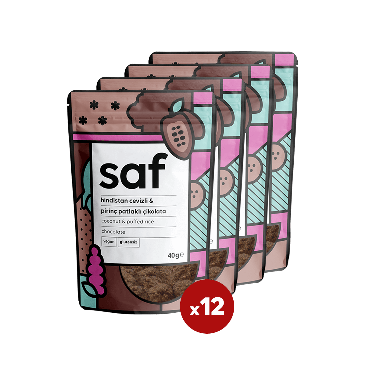 Saf Hindistan Cevizli ve Pirinç Patlaklı Çikolata 40g paketleri, 12'li set, vegan atıştırmalık.
