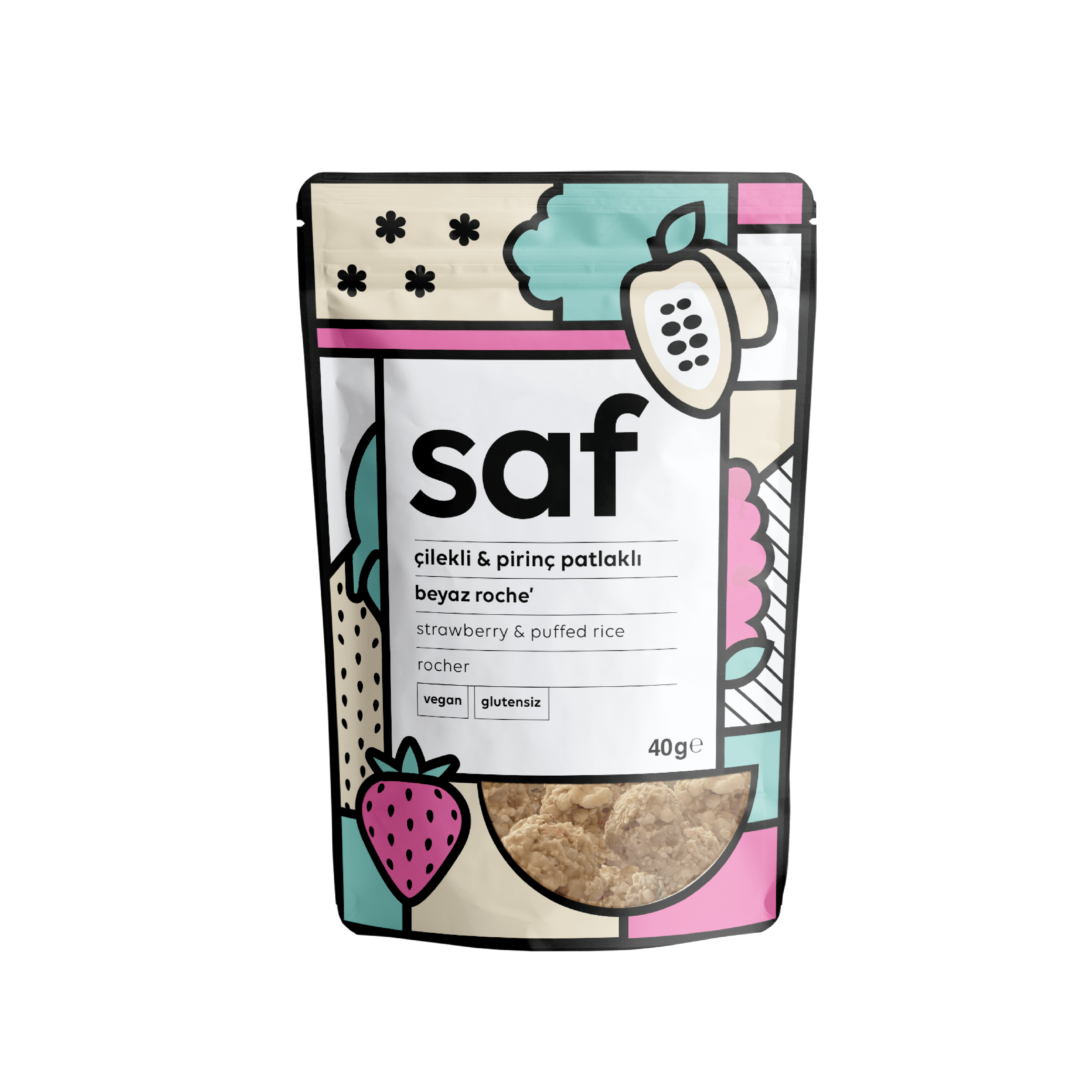 Saf packaging for vegan strawberry and puffed rice rocher, 40g, gluten-free and sugar-free snack.