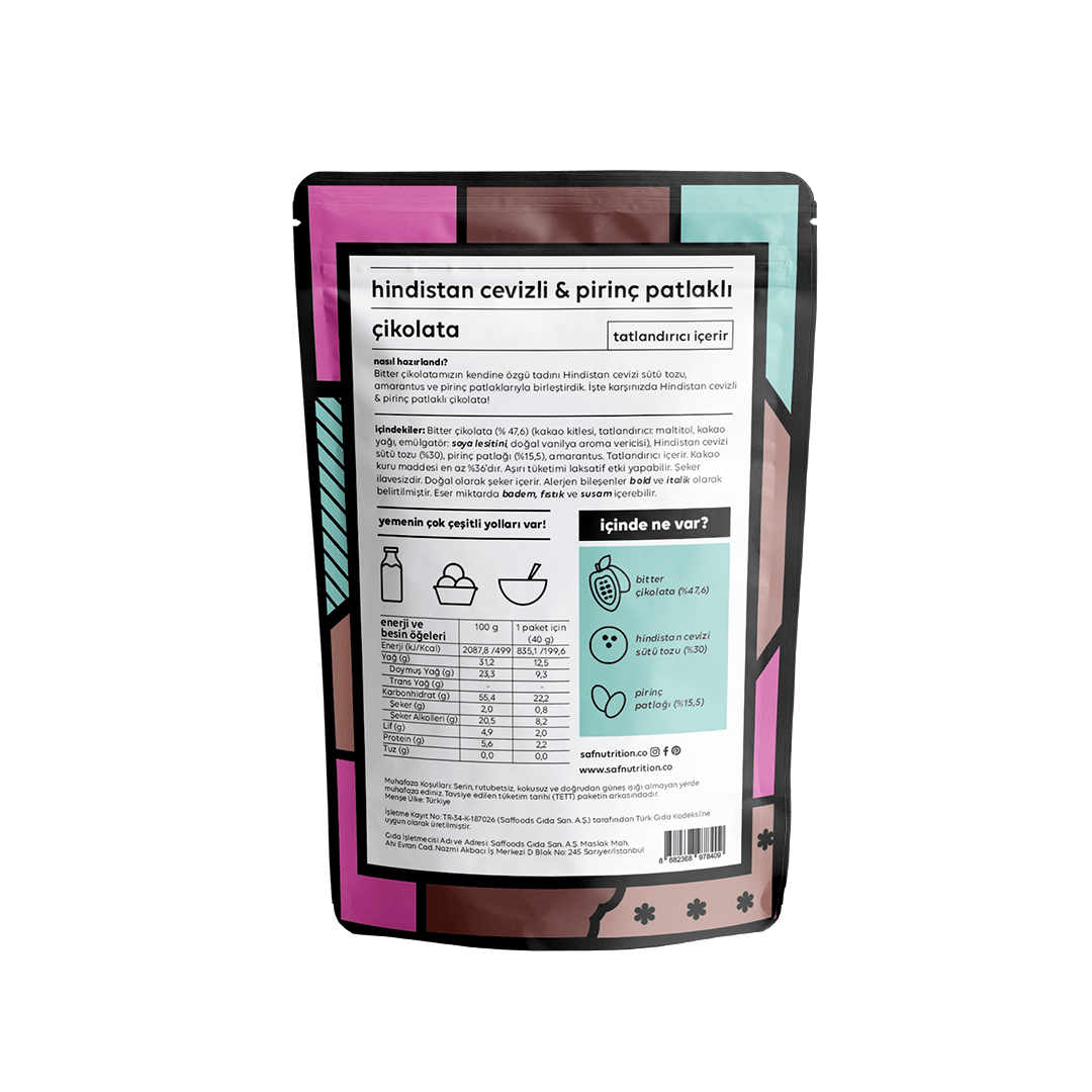 Hindistan cevizli ve pirinç patlaklı çikolata paketinin arka yüzü, içerik ve besin değerleri bilgileri.