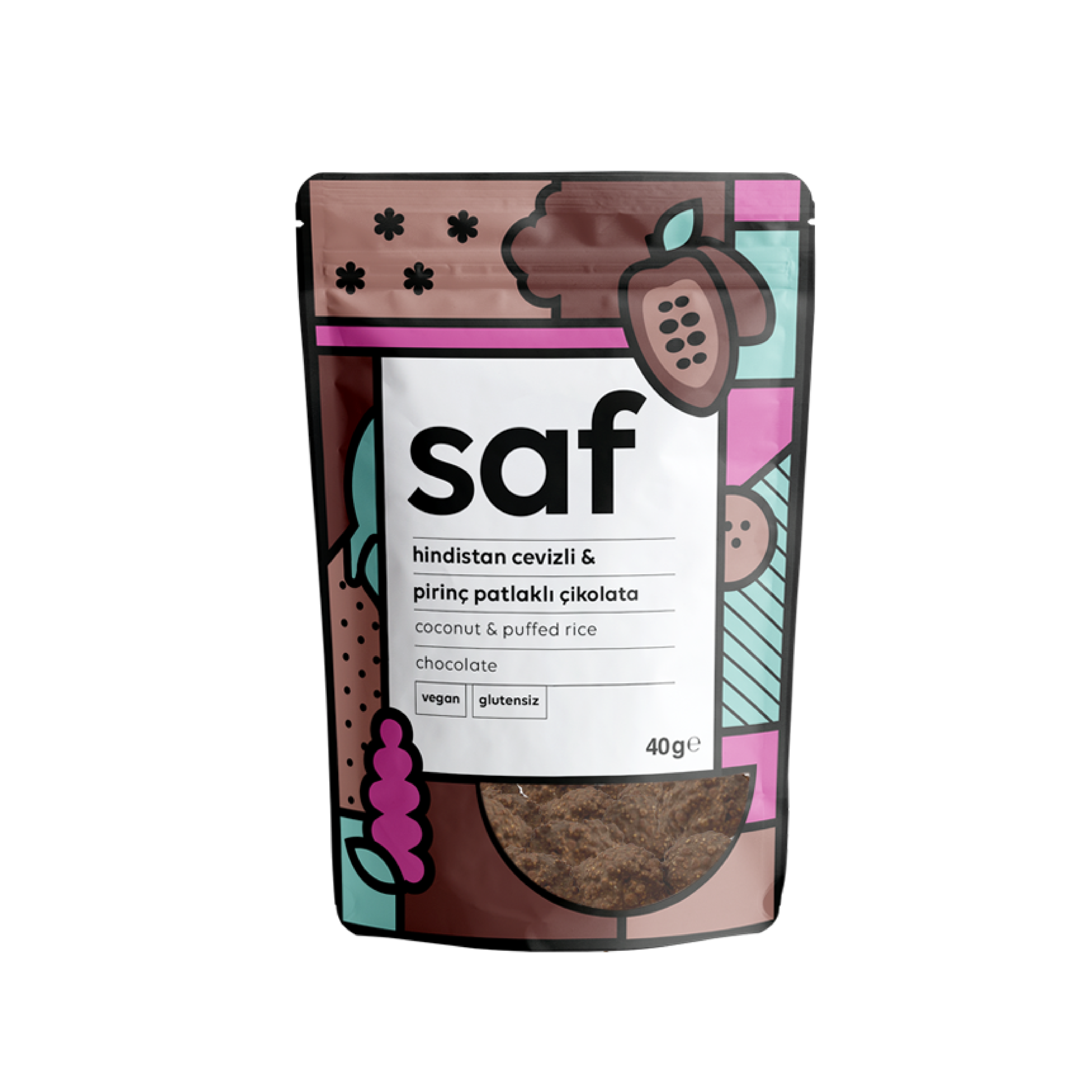 Vegan and gluten-free 40g coconut and puffed rice chocolate by SAF, lactose-free with no added sugars.