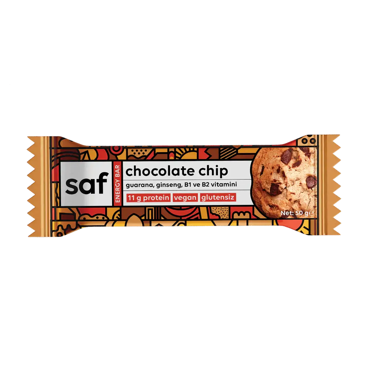 Chocolate chip energy bar, 50g, vegan, enriched with guarana and B vitamins, nutritious snack for energy boost.