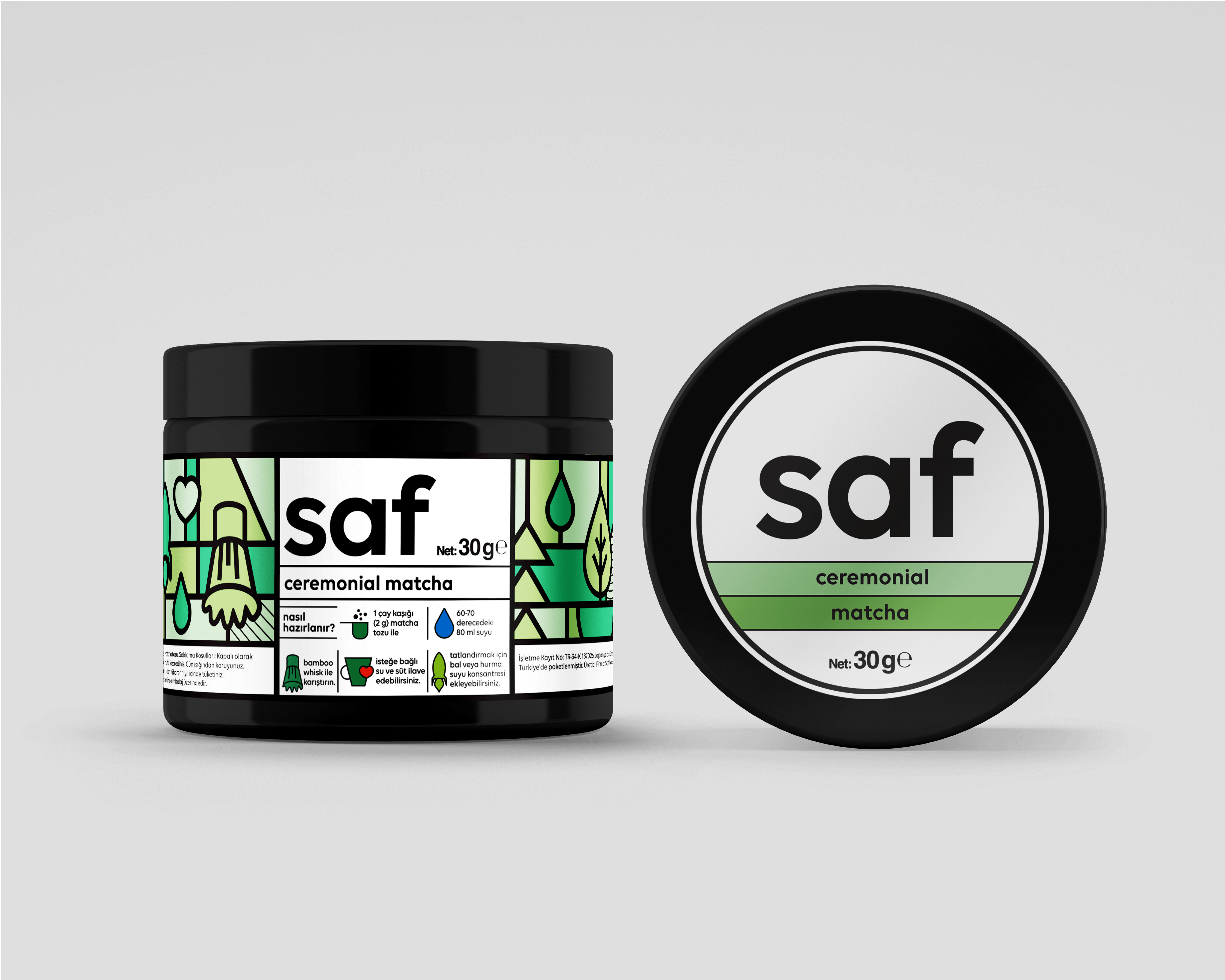 Saf Ceremonial Grade Matcha 30g packaging, featuring vibrant design and detailed product information.
