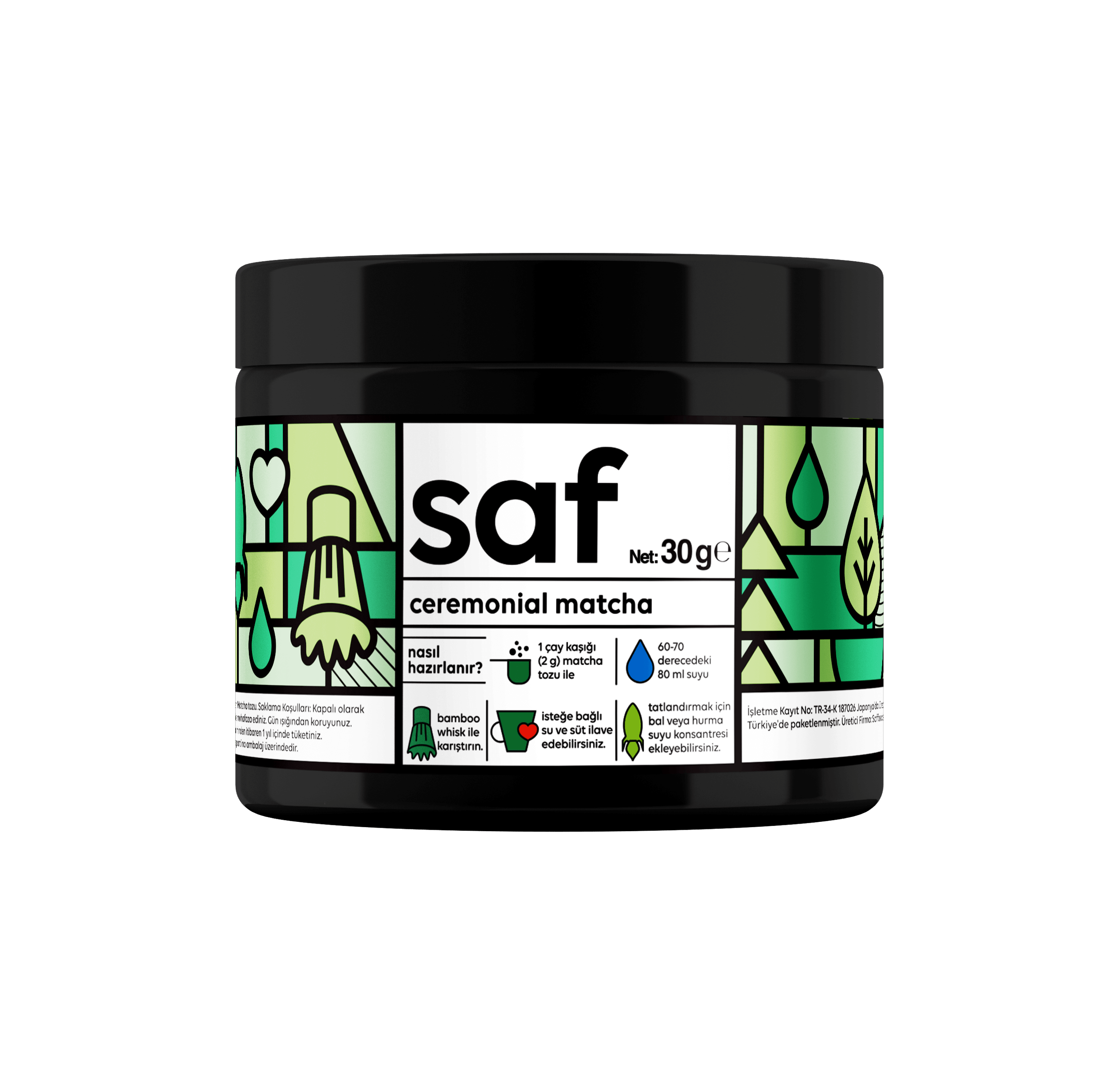 Saf Ceremonial Grade Matcha 30g jar, featuring vibrant design and rich, authentic green matcha for traditional rituals.