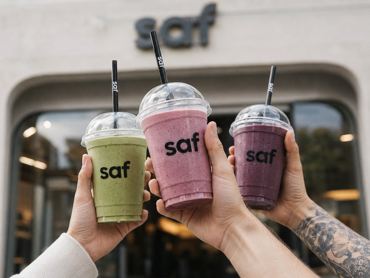 TASLAK — telifli görsel, yayından önce değiştirilecek. saf mağazası önünde üç smoothie.