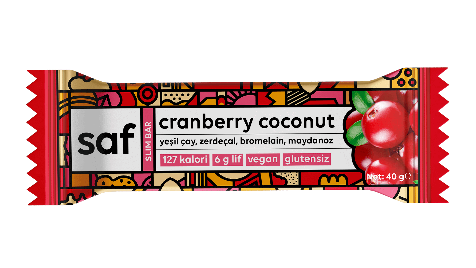 Cranberry coconut slim bar 40g by SAF, gluten-free, vegan, 127 calories, featuring colorful packaging design.