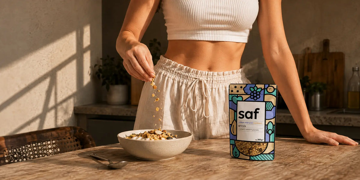 Mutfakta kâseye saf granola döken kişi