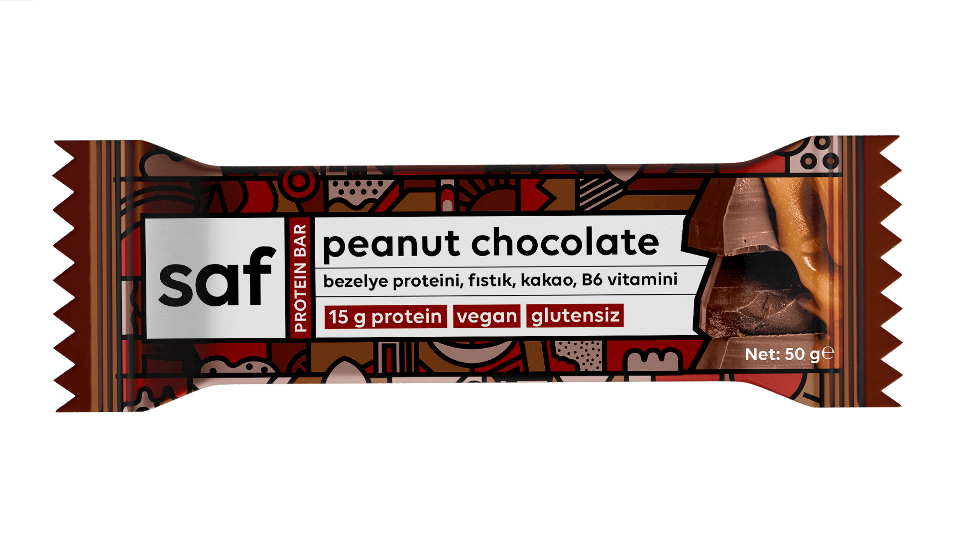 Peanut chocolate high protein bar, 50g, featuring 15g protein, vegan, gluten-free, and deliciously nutty flavors.