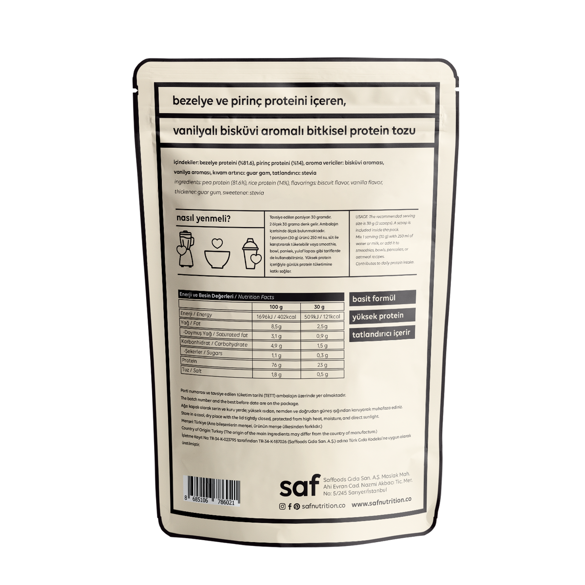 saf Vanilla Biscuit Simple Protein Mix 600 g ambalaj arka yüz, içindekiler ve besin değerleri